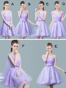 High Quality Tulle Straps Cap Sleeves Zipper Ruching and Bowknot Damas Dress in Lavender