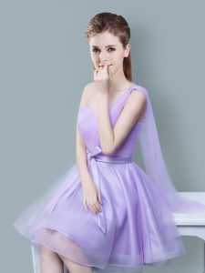 Dynamic One Shoulder Ruching and Bowknot Quinceanera Court of Honor Dress Lavender Zipper Sleeveless Knee Length