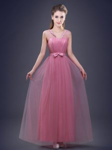 Luxurious Pink Lace Up Vestidos de Damas Appliques and Ruching and Bowknot Sleeveless Floor Length
