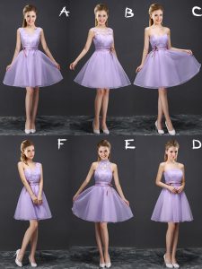 Fabulous Lavender Sleeveless Lace and Appliques and Belt Mini Length Dama Dress for Quinceanera