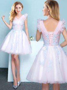 Glittering White Lace Up Quinceanera Dama Dress Appliques Sleeveless Mini Length
