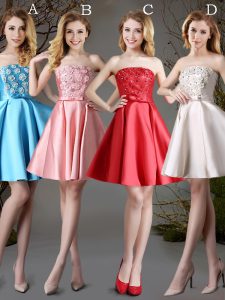Excellent Red and Baby Blue and Champagne Satin Lace Up Dama Dress for Quinceanera Sleeveless Mini Length Appliques and Bowknot