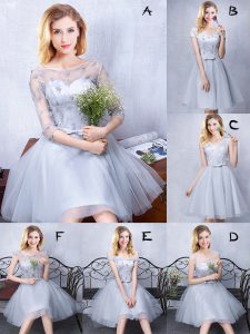 Modest Scoop Grey Sleeveless Lace and Appliques and Belt Knee Length Quinceanera Dama Dress