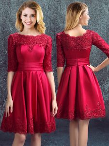 Wine Red Satin Zipper Bateau Half Sleeves Mini Length Court Dresses for Sweet 16 Lace