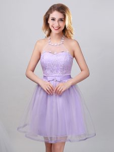 Designer Halter Top Mini Length Lace Up Quinceanera Court Dresses Lavender for Prom and Party and Wedding Party with Lace and Appliques and Belt