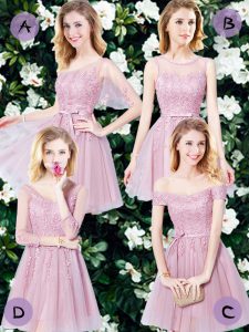 Pink Sleeveless Appliques and Belt Mini Length Quinceanera Dama Dress