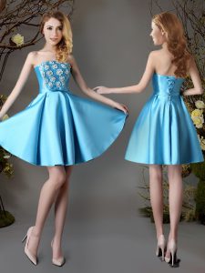 Satin Strapless Sleeveless Lace Up Appliques and Bowknot Quinceanera Court of Honor Dress in Baby Blue