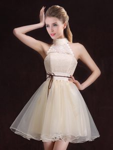 Ideal Champagne Lace Up Halter Top Lace and Belt Damas Dress Organza Sleeveless