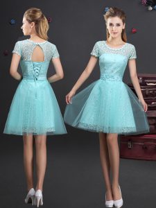 Exceptional Scoop Aqua Blue Tulle Lace Up Court Dresses for Sweet 16 Short Sleeves Mini Length Lace and Appliques and Belt