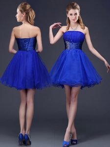 Romantic Royal Blue A-line Organza Strapless Sleeveless Beading and Ruching Mini Length Lace Up Damas Dress