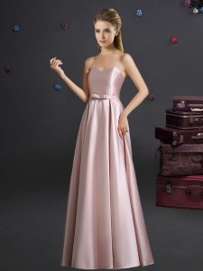 Modest Pink Elastic Woven Satin Zipper Court Dresses for Sweet 16 Sleeveless Floor Length Bowknot