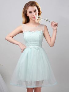 Apple Green A-line Scoop Sleeveless Tulle Mini Length Lace Up Lace and Appliques and Belt Quinceanera Court of Honor Dress