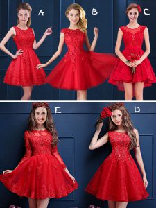 Amazing Scoop Sleeveless Lace Up Quinceanera Court Dresses Red Tulle and Lace