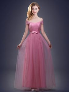 Elegant Off the Shoulder Floor Length Pink Court Dresses for Sweet 16 Tulle Sleeveless Ruching and Bowknot