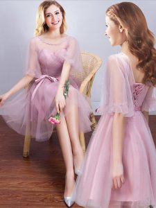 Lovely Scoop Pink Tulle Lace Up Vestidos de Damas Half Sleeves Mini Length Ruching and Bowknot