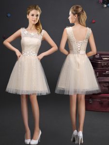 Delicate Scoop Sleeveless Quinceanera Court Dresses Mini Length Lace and Appliques and Belt Champagne Tulle