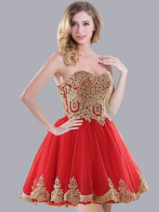 Mini Length Lace Up Quinceanera Court of Honor Dress Red for Prom and Party and Wedding Party with Appliques