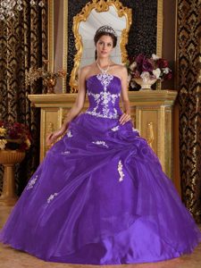 Purple Strapless Organza and Satin Quinceanera Dress with Appliques on Sale