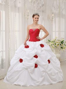 Red and White Taffeta Strapless Beaded Quinceanera Dress with Pick-ups and Flowers