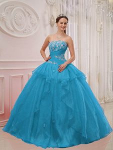 Ruched Strapless Aqua Blue Organza Quinceanera Dress with Appliques on Promotion