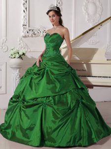 Dark Green Sweetheart Taffeta Quinceanera Gown Dress with Pick-ups and Appliques