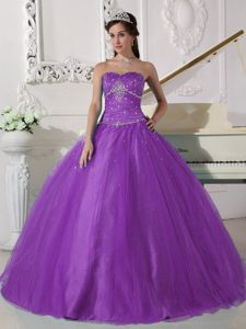 Modest Purple Sweetheart Floor-length Tulle Quinceanera Dress with Beading for Less