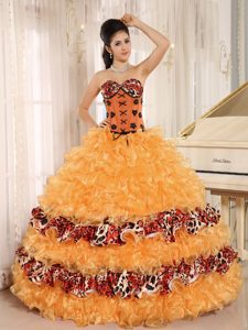 Sweetheart Ball Gown Orange Organza Quinceanera Dresses with Ruffles and Leopard