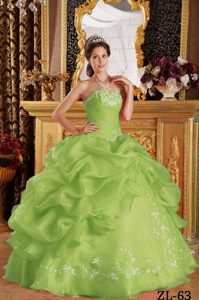 Yellow Green Embroidery Quinceanera Gowns with Pick Ups in Organza
