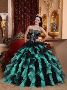 2014 Exclusive Ball Gown Black and Green Beaded Quinceanera Dress with Ruffles