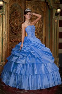 Blue Strapless Organza Quinceanera Dress with Beading and Pick-ups on Sale