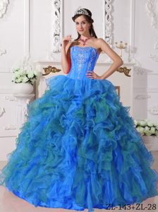 Latest Satin and Organza Embroidered Quinceanera Gown Dress in Blue