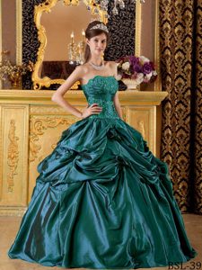 Dark Green Taffeta Appliqued Quinceanera Gown for 2012 with Pick-ups