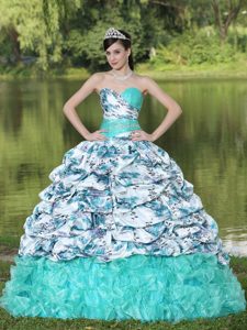 Printed Sweetheart Beading Pick-ups and Ruffles Quince Dresses with Brush Train