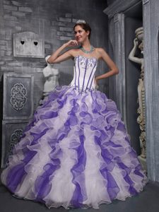 Expensive Sweetheart Appliques Ruffled Dress for Quince in White and Purple