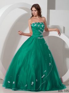 Strapless Beaded Taffeta and Tulle Lovely Sweet 16 Dress in Turquoise