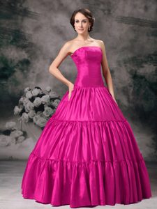 Strapless Floor-length Taffeta Sweet Sixteen Dresses with Ruches in Hot Pink