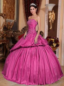 Hot Pink Strapless Taffeta Beaded Sweet 16 Quinceanera Dresses for Cheap