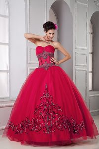 Red Sweetheart Tulle Beaded Quinceanera Dress with Embroidery for Cheap