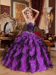 Ruffled and Beaded Purple Quinceanera Gown Dresses with Heart Shaped Neckline