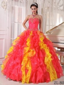 Sweetheart Sequins Quinceanera Dress in Coral Red and Yellow with Ruffles