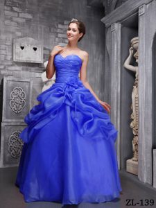 Blue Ruching Sweetheart Organza Beading Pick-ups Quinceanera Gown Dress