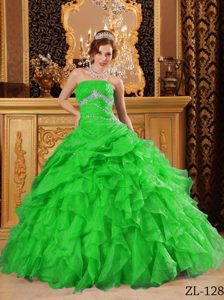 Spring Green Strapless Organza Beading Ruffles Sweet Sixteen Quinceanera Dresses