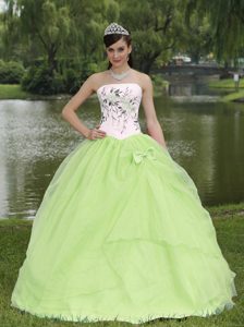 White and Light Green Strapless Embroidered Quinceanera Dresses with Bow on Sale