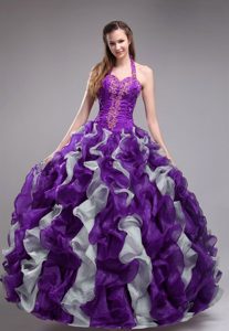 Halter Purple and White Organza Dresses for Quinceanera with Appliques and Ruffles