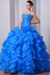 Sweetheart Ruffled Organza Quince Dresses with Beading in Aqua Blue