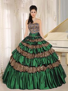 Quince Dress with Ruffled Layers and Appliques in Green and Leopard