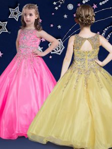 Hot Pink Ball Gowns Organza Scoop Sleeveless Beading Floor Length Zipper Pageant Gowns For Girls