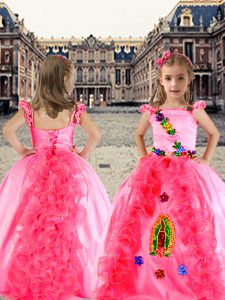 Rose Pink Ball Gowns Organza and Taffeta Spaghetti Straps Cap Sleeves Beading and Appliques and Ruffles Floor Length Lace Up Child Pageant Dress