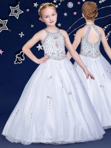 Elegant Halter Top Sleeveless Floor Length Beading Zipper Little Girls Pageant Dress Wholesale with White