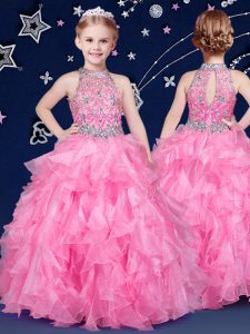 Halter Top Rose Pink Zipper Child Pageant Dress Beading and Ruffles Sleeveless Floor Length